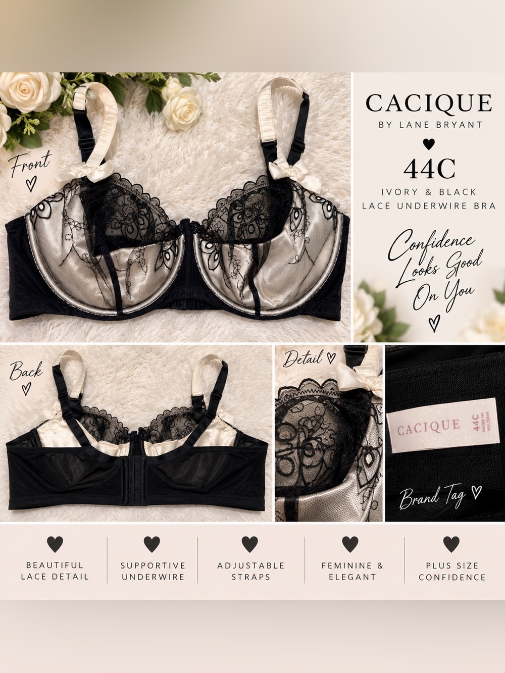 Cacique 44C Ivory & Black Lace Underwire Bra